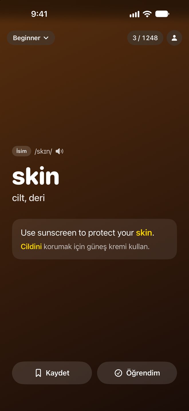 Uygulamada kelime kartı: skin – cilt, deri, örnek cümleyle